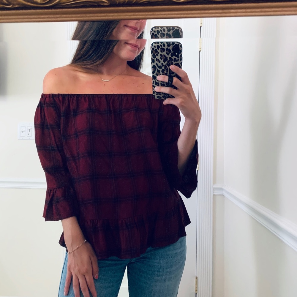 Red and blue striped off the shoulder top